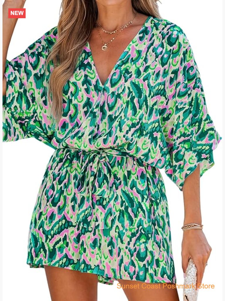 Lace Up Abstract Print Half Sleeve Wide Leg Romper Jumpsuit